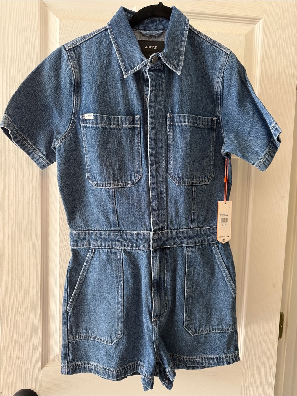 ATWYLD Denim Short-Sleeve Station Romper in Medium Blue